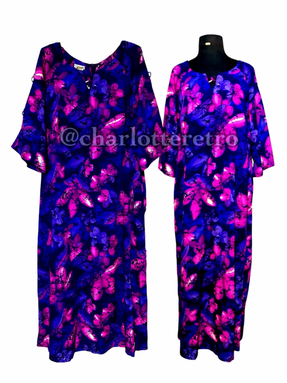 60s vtg Hilo Hattie Floral Maxi w Split Flutter Sleeves - Picture 10 of 11